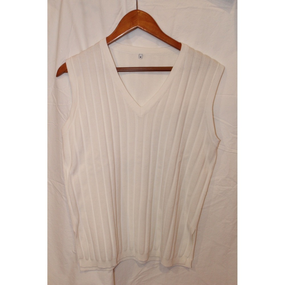 Cream Ribbed‎ Knit Sweater Vest Womens M V Neck Sleeveless Top